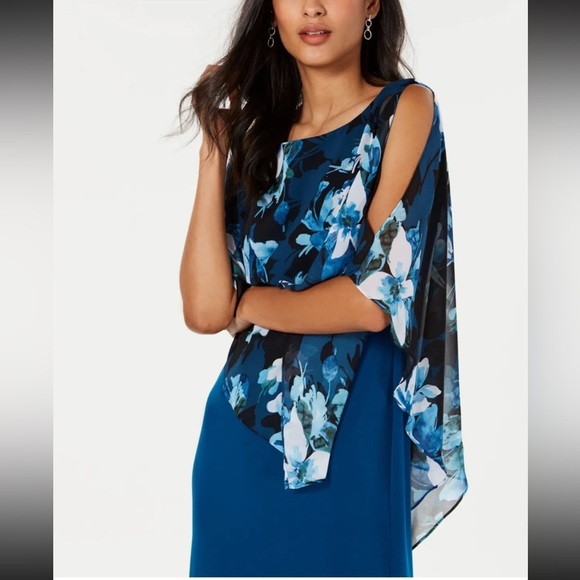 Women’s Formal Dress Size 8 P CONNECTED APPAREL Cape Teal Floral Evening Shift - Picture 3 of 7